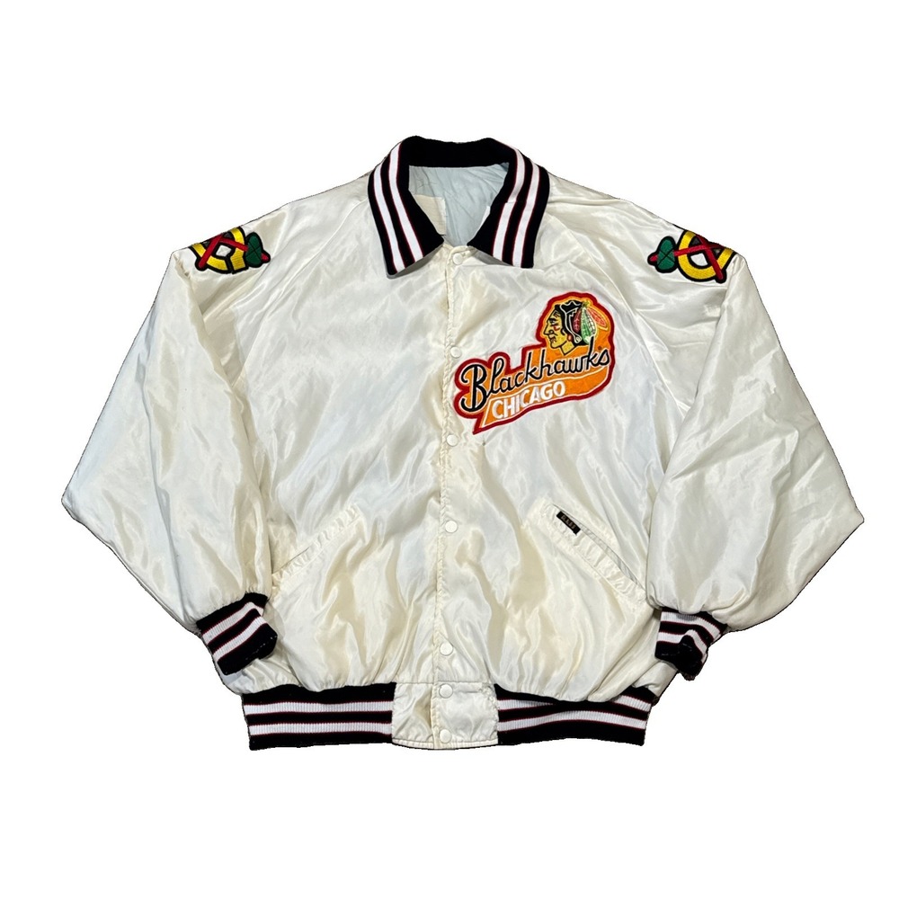 Vtg 1980's Chicago Blackhawks White Satin Jacket Coat Gunzo's DeLong Hockey 3XL